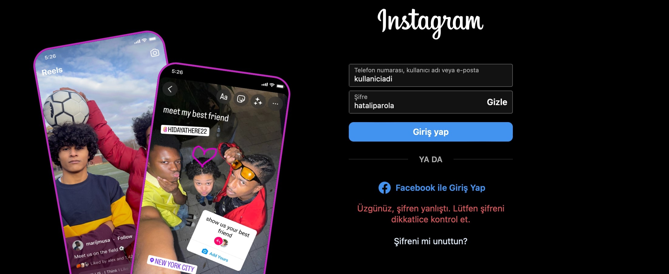 Instagram Hatalı Şifre